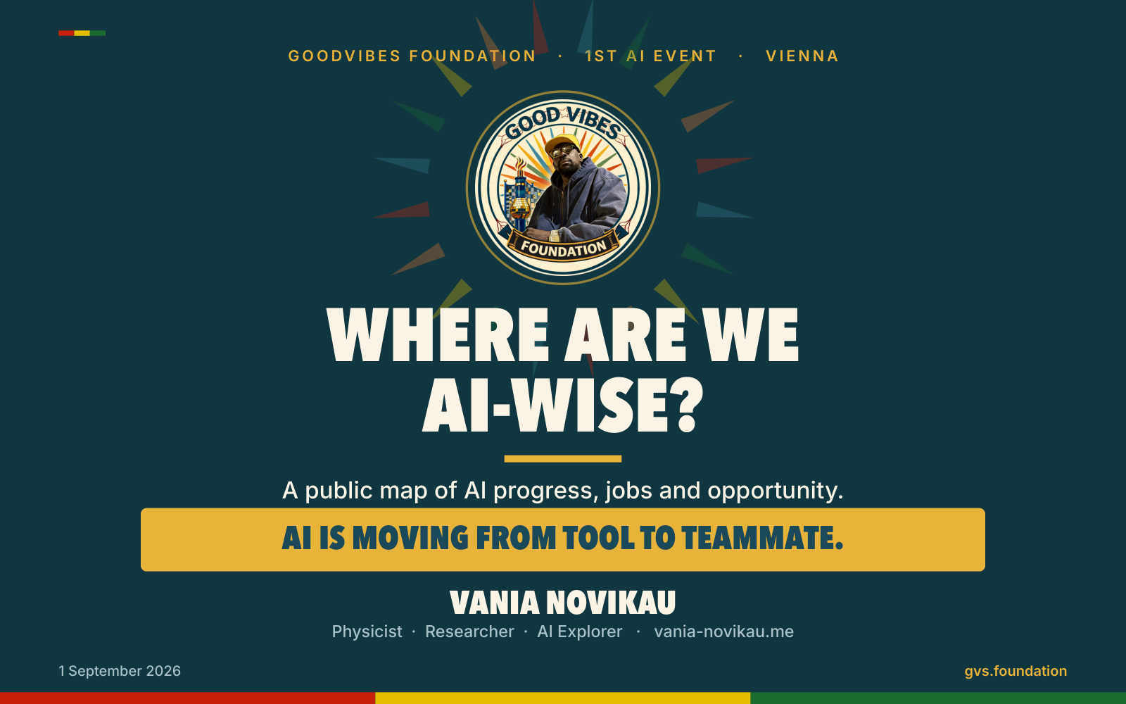 Title slide: “Where are we, AI-wise?” — GoodVibes Foundation, 1st AI Event, Vienna